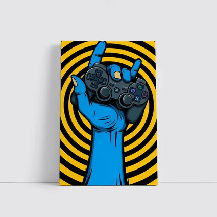 Blue Hand Holding PlayStation Controller Yellow Swirl