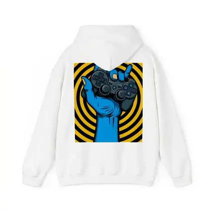 Blue Hand Holding PlayStation Controller Yellow Swirl