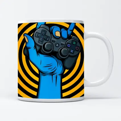Blue Hand Holding PlayStation Controller Yellow Swirl