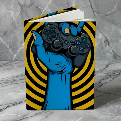 Blue Hand Holding PlayStation Controller Yellow Swirl