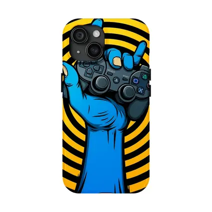 Blue Hand Holding PlayStation Controller Yellow Swirl