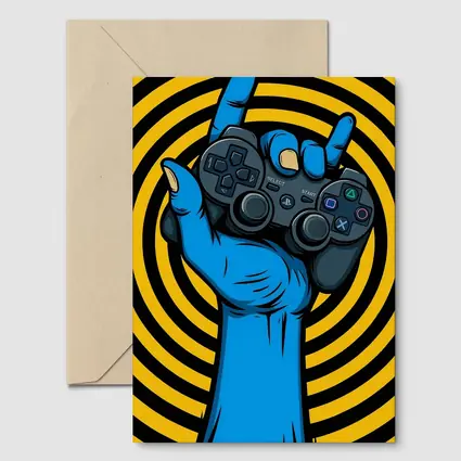 Blue Hand Holding PlayStation Controller Yellow Swirl