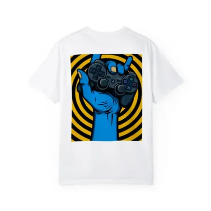 Blue Hand Holding PlayStation Controller Yellow Swirl