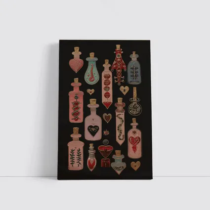 Dark Gothic Potion Bottles Hearts Black Background