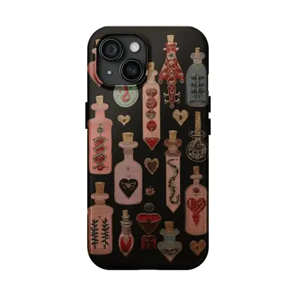 Dark Gothic Potion Bottles Hearts Black Background