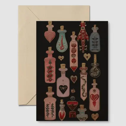 Dark Gothic Potion Bottles Hearts Black Background