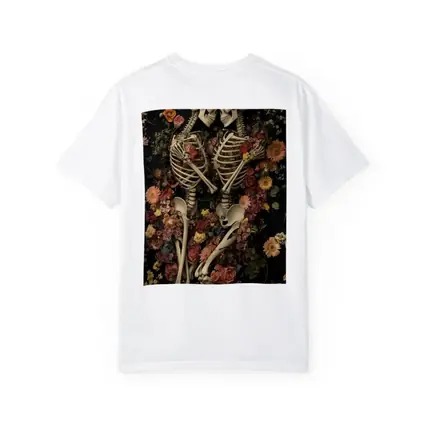 Two Skeletons Embracing Among Colorful Flowers