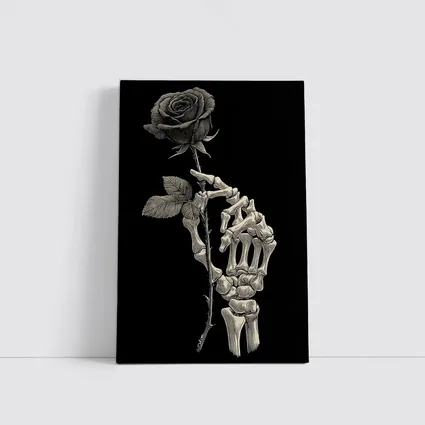 Skeleton Hand Holding Rose Black Background