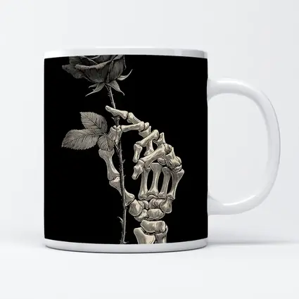 Skeleton Hand Holding Rose Black Background