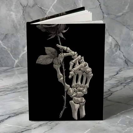 Skeleton Hand Holding Rose Black Background