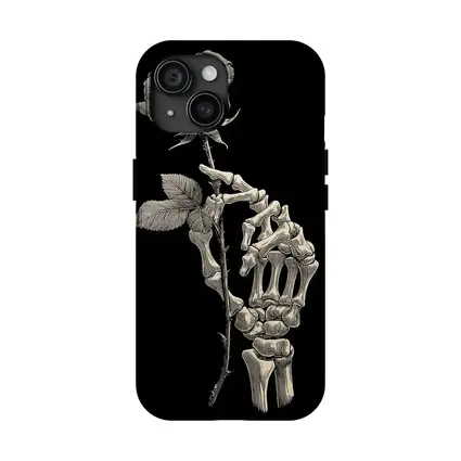 Skeleton Hand Holding Rose Black Background