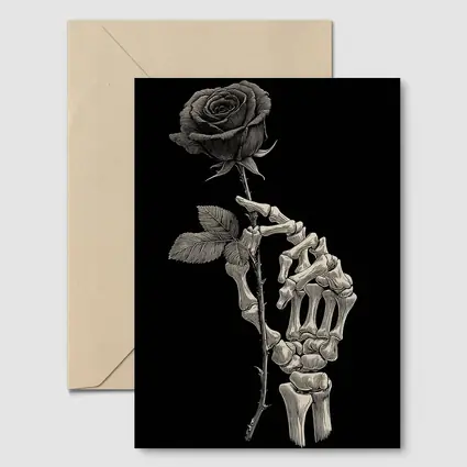 Skeleton Hand Holding Rose Black Background