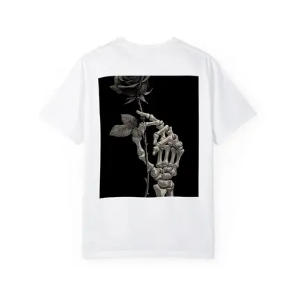 Skeleton Hand Holding Rose Black Background