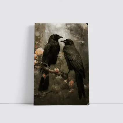 Two Ravens Perched Dark Floral Background
