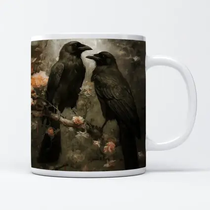 Two Ravens Perched Dark Floral Background