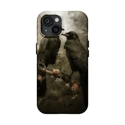Two Ravens Perched Dark Floral Background