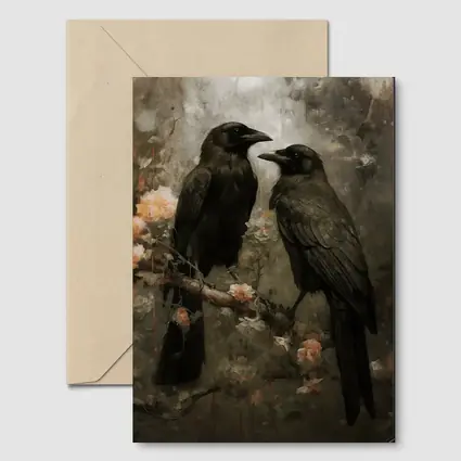 Two Ravens Perched Dark Floral Background