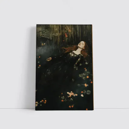 Red Haired Woman Floating Dark Water Flowers