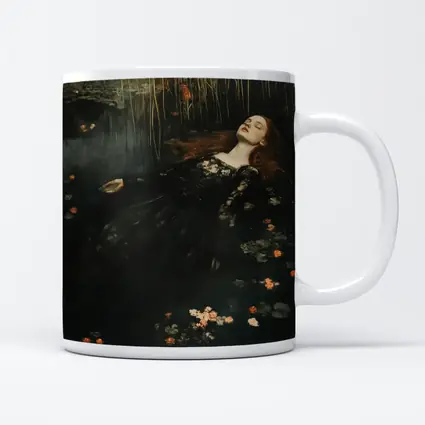 Red Haired Woman Floating Dark Water Flowers