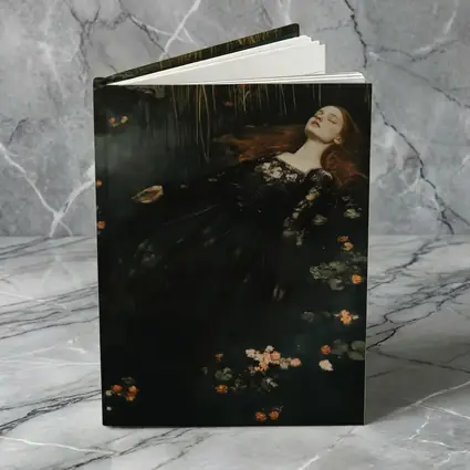 Red Haired Woman Floating Dark Water Flowers