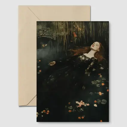 Red Haired Woman Floating Dark Water Flowers