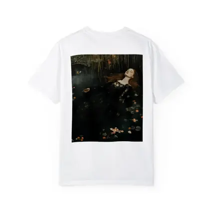 Red Haired Woman Floating Dark Water Flowers