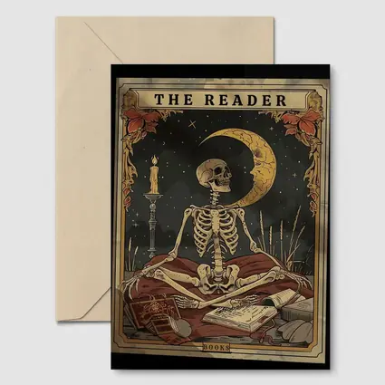 Skeleton Reader Tarot Card Crescent Moon Night