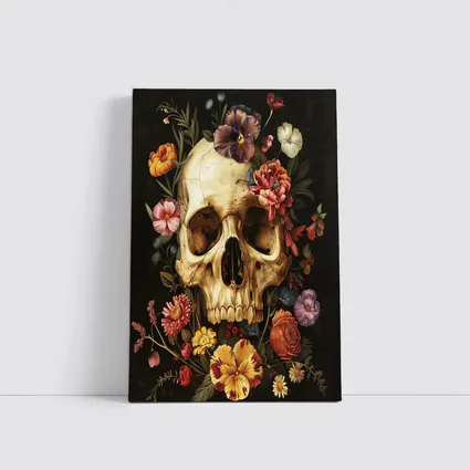Skull With Colorful Flowers Dark Background