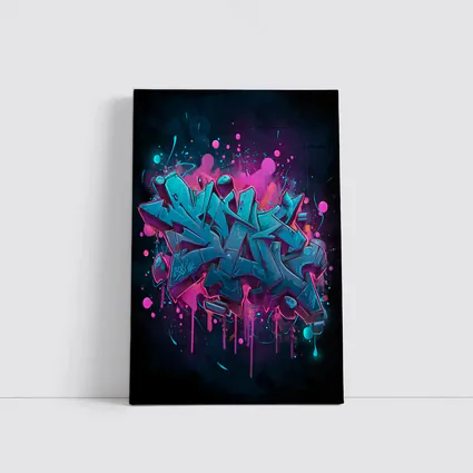 Teal Graffiti Letters Pink Splash Dark Background