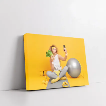 Fit Woman Selfie Yoga Mat Yellow Background