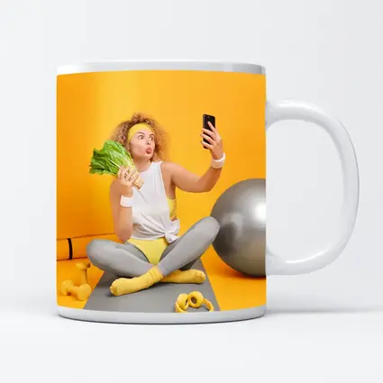 Fit Woman Selfie Yoga Mat Yellow Background