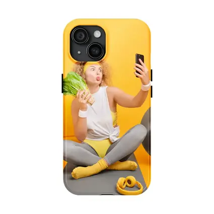 Fit Woman Selfie Yoga Mat Yellow Background