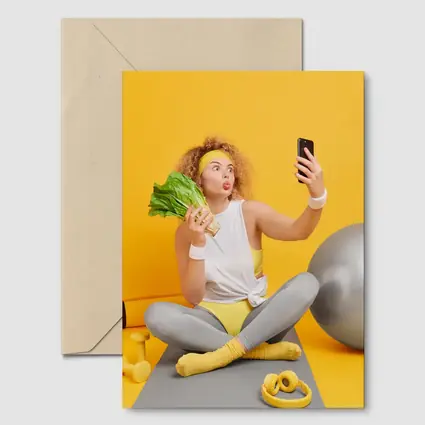 Fit Woman Selfie Yoga Mat Yellow Background