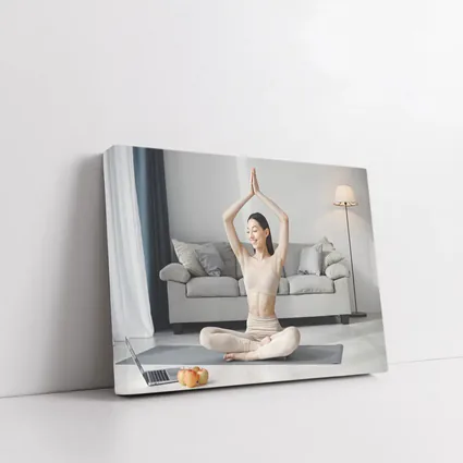 Woman Practicing Yoga Pose Bright Living Room