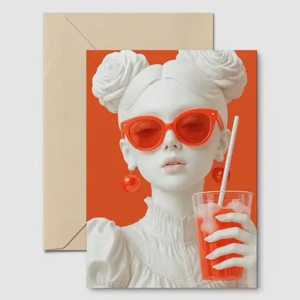 White Sculpture Girl Red Sunglasses Orange Background