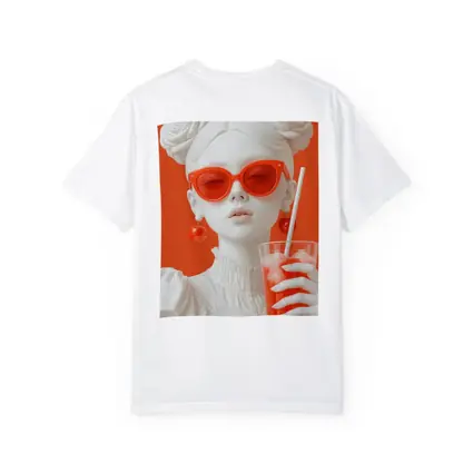 White Sculpture Girl Red Sunglasses Orange Background
