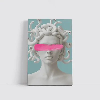 Medusa Sculpture Pink Brushstroke Teal Background