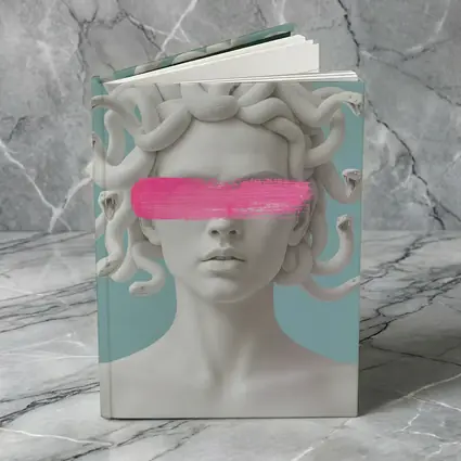 Medusa Sculpture Pink Brushstroke Teal Background