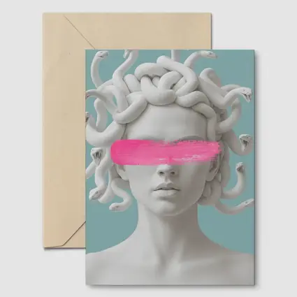 Medusa Sculpture Pink Brushstroke Teal Background