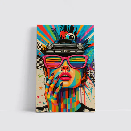 Pop Art Woman Rainbow Glasses Retro Car
