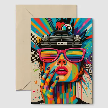 Pop Art Woman Rainbow Glasses Retro Car