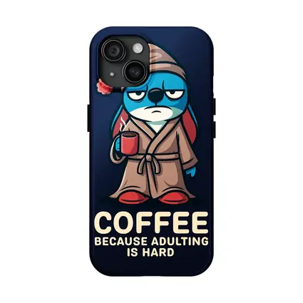 Grumpy Cartoon Penguin Coffee Because Adulting Hard