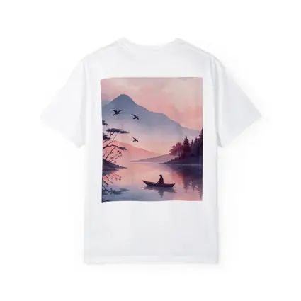 Solitary Boat on Misty Pink Mountain Lake
