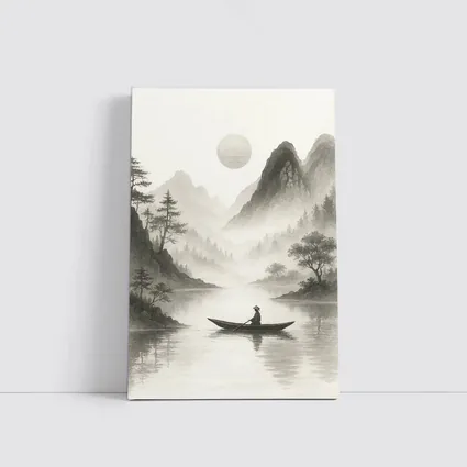 Japanese Ink Painting Fisherman Mountain River