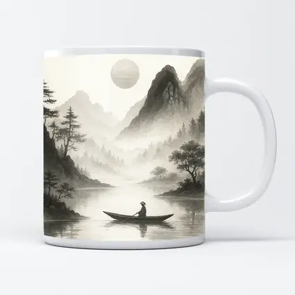 Japanese Ink Painting Fisherman Mountain River