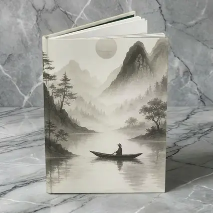 Japanese Ink Painting Fisherman Mountain River