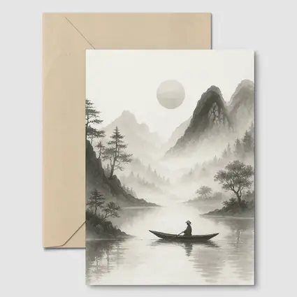 Japanese Ink Painting Fisherman Mountain River