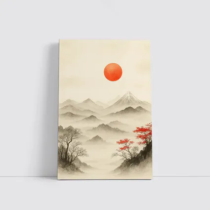 Japanese Ink Painting Mount Fuji Red Sun