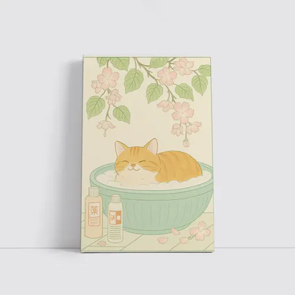 Orange Cat Bathing Cherry Blossoms Japanese Style