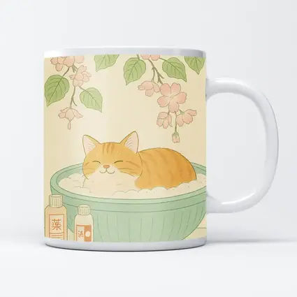 Orange Cat Bathing Cherry Blossoms Japanese Style